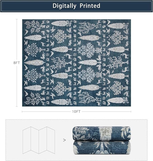 Srugn Washable Rugs 8x10 Area Rugs for Living Room,Bedroom,Dining Room- Large Ultra Soft Faux Wool Retro Carpet,Non Slip&Non-Shedding Low Pile Vintage Print Rug for Home Office Dorm Playroom-Blue