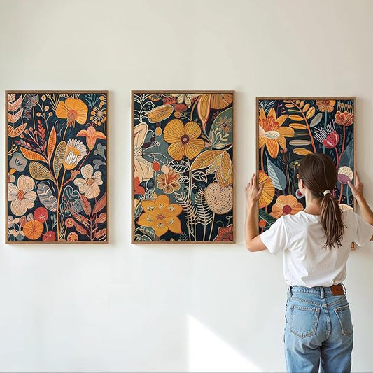 SIGNINART Orange Floral Framed Canvas Wall Art Set of 3, Mid Century Modern Flower Wall Decor, Neutral Plant Artwork, Boho Botanical Art Prints for Bedroom Living Room Office 16"x24"x3