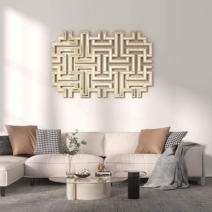 KOHROS Large Modern Gold Wall Mirror - 46.5"x30" Geometric Maze Design Decorative Mirror