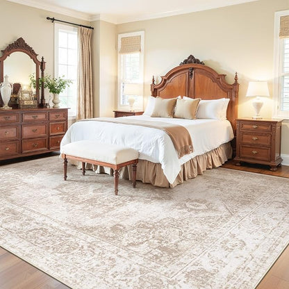 Area Rug 10x14 Vintage Rug: Large Washable Indoor Medallion Rugs Low Pile Distressed Floor Carpet Retro Accent Rug for Living Room Bedroom Dining Room Home Office(Beige, 10'x14')