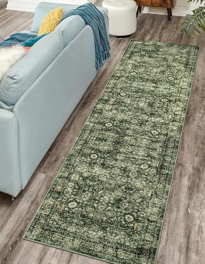 Morebes Vintage Kitchen Runner Rugs Non Skid Washable, Floral Boho 2.5x8 Runner Rug, Non Shedding Runner Rugs for Hallway Indoor Floor Carpet Runner for Laundry Room Bedroom, Grayish Green