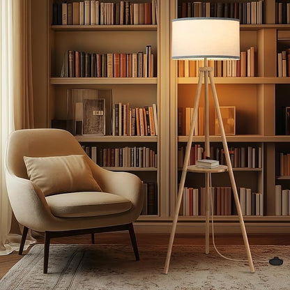 EOEYYOYB Floor Lamp with 3 Light Modes Adjustable– Wood Tripod Floor Lamp Modern LED Standing Lamp with Dimmable Brightness, Perfect for Living Room, Bedroom, and Office, Burlywood
