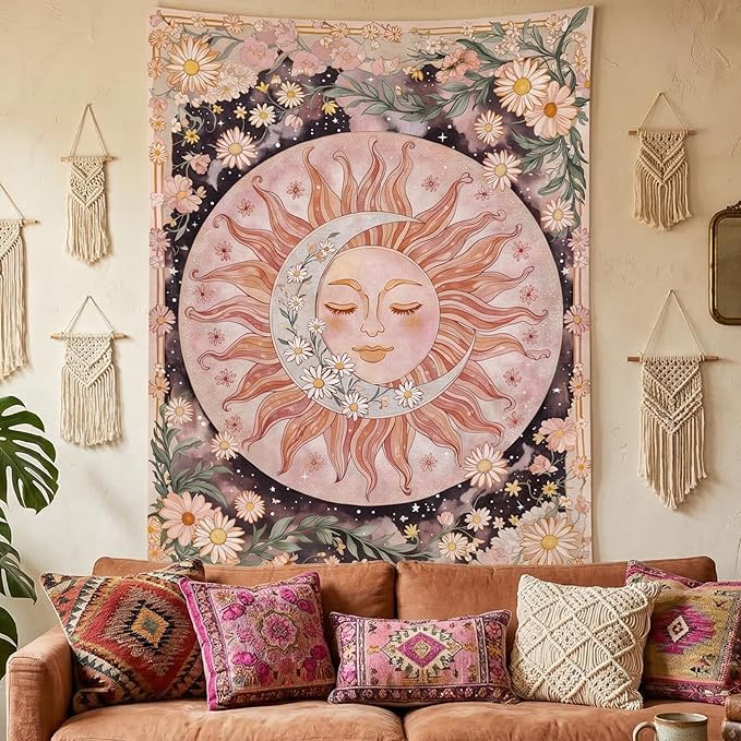Neasow Sun Moon Daisy Tapestry, Boho Aesthetic Floral Wall Art, Pink Hippie Decor for Living Room Bedroom Home, Vertical 60x80 inches