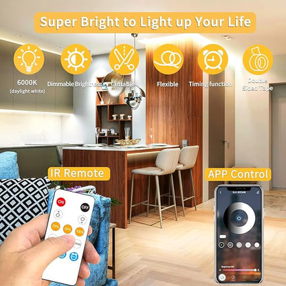 COB LED Strip Lights 100ft,3000K DC 24V Dimmable Warm White Flexible LED Lights Strip for Bedroom,with Remote and app Control LED Rope Lights for Living Room,Shelf,Cabine,Bed(2 Rolls of 50ft)