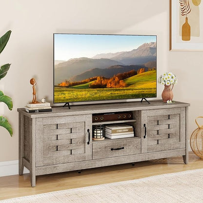 Giantex Farmhouse TV Stand for 65 Inch TVs, 59" Wood Entertainment Center with 2 Woven Accent Doors, Storage Drawer & 3 Adjustable Shelves, Media Console Table for Living Room, Bedroom (Rustic Oak)