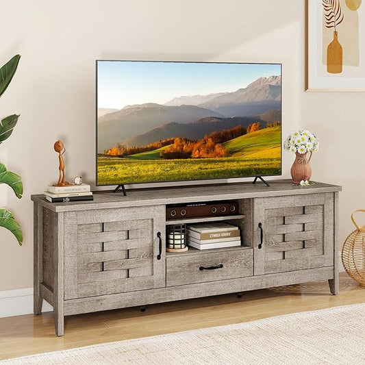 Giantex Farmhouse TV Stand for 65 Inch TVs, 59" Wood Entertainment Center with 2 Woven Accent Doors, Storage Drawer & 3 Adjustable Shelves, Media Console Table for Living Room, Bedroom (Rustic Oak)