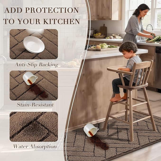 Kitchen Runner Rugs,24"x59" Non Slip Kitchen Mats for Floor-Thick Stain Resistant Kitchen Floor Mat Runner Carpet for Hallways Entryway Laundry Room Washable(Khaki)