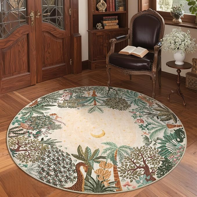 GarveeHome Round Area Rugs 5ft for Bedroom, Beige Jungle Washable Circle Rug Soft Non Slip Forest Animal Print Floor Mat Tiger Carpet Indoor Thin Rug for Kids Room Dining Room Playroom Nursery