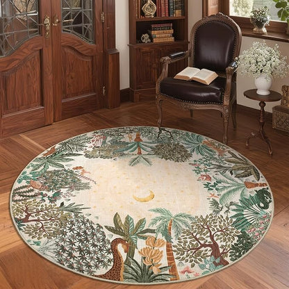GarveeHome Round Area Rugs 4ft for Kids Room, Beige Jungle Washable Circle Rug Soft Non Slip Forest Animal Print Floor Mat Tiger Carpet Indoor Thin Tent Rug for Bedroom Dining Room Playroom Nursery