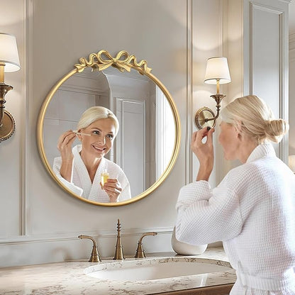 Besdomus Vintage Gold Mirror: 27" Bow Round Wall Mounted Mirror - Baroque Traditional Ornate for Entryway/Fireplace/Bathroom/Hallway - Home Decor for Fashion-Conscious