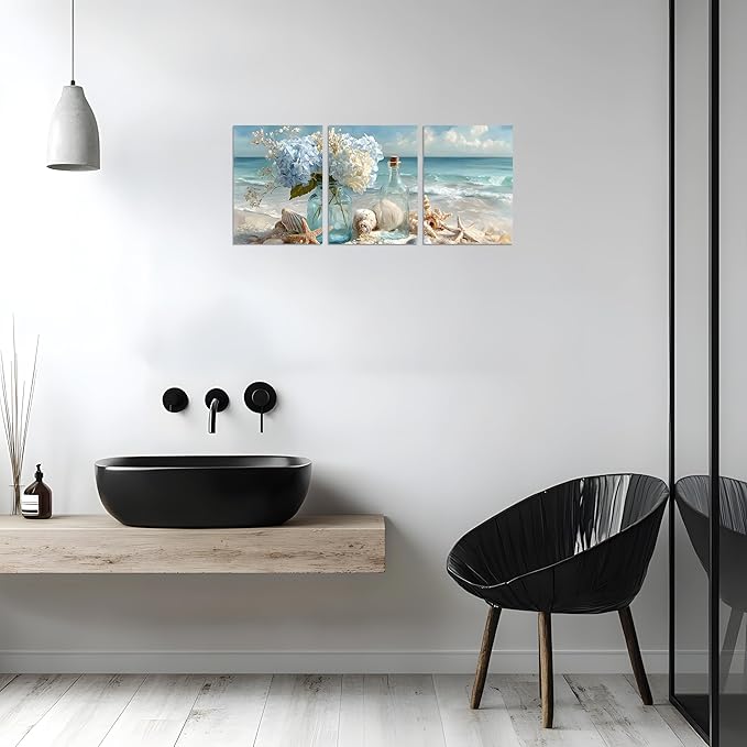 TutuBeer 3 Pcs Blue Ocean Beach Bathroom Canvas Wall Art Seaside Seashell Painting Print Artwork Starfish with White Flower Coastal Bathroom Canvas Wall Art for Living Room Bedroom Bathroom 12"x16"