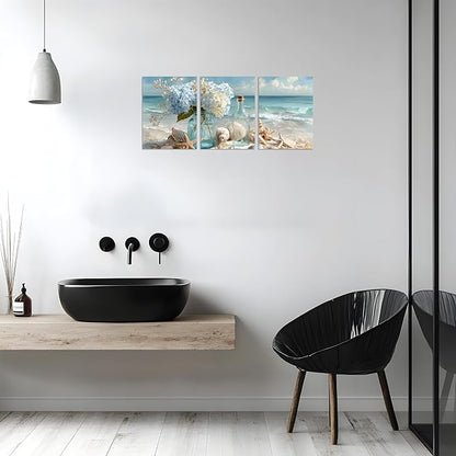TutuBeer 3 Pcs Blue Ocean Beach Bathroom Canvas Wall Art Seaside Seashell Painting Print Artwork Starfish with White Flower Coastal Bathroom Canvas Wall Art for Living Room Bedroom Bathroom 12"x16"