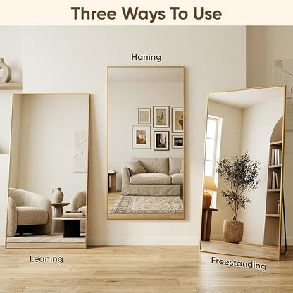Antok 81''x41'' Full Length Mirror, Shatterproof HD Oversized Floor Mirror with Stand, Aluminum Alloy Frame Leaning Standing or Wall Mounted Mirror for Bedroom Living Room Entryway, Gold