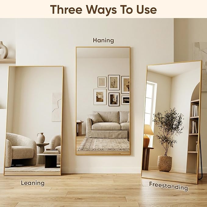 Antok 71''x32'' Full Length Mirror, Shatterproof HD Oversized Floor Mirror with Stand, Aluminum Alloy Frame Leaning Standing or Wall Mounted Mirror for Bedroom Living Room Entryway, Gold