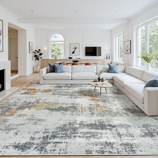 Area Rug 10x12 Living Room Rug Washable: No-Slip Abstract Soft Thin Large Grey Rugs, Indoor Floor Stain Resistant Modern Carpet for Bedroom Dining Room Farmhouse Nursery Home Office (Grey, 10'x12')