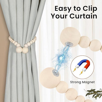 KLOGTSIND Magnetic Curtain Tiebacks, Curtain Holdbacks for Curtains 2 Pack, Wood Bead Curtain Holders for Boho Bedroom Decor, Baby Nursery Decor, Farmhouse Decor
