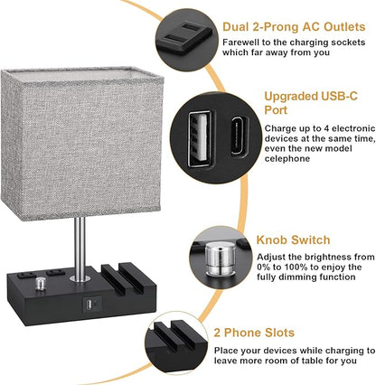 Kakanuo Fully Dimmable Nightstand Lamp for Bedroom with USB C Ports, Grey Small Bedside Table Lamp with Charging Outlets and Phone Stands, Wooden Desk Lamp for Living Room, LED Bulb Included