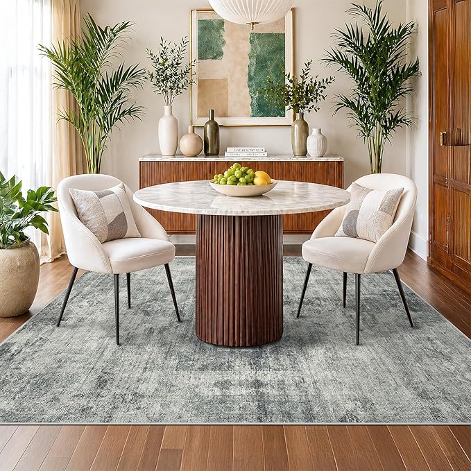 Hazo Haus Blue and Grey Abstract 5x7 Living Room Rug, Washable Area Rug with Non-Slip Backing, Soft Low Pile Rug for Bedroom & Office, Modern Medallion Design