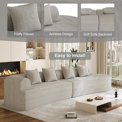 147" Oversized Sectional Sofa for Living Room, Modern Luxury Plush Chenille 4-Seater Extra Deep & Wide Seat Curved Cloud Couch with 4 Throw Pillows, No Assembly Needed, Light Grey
