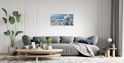 TutuBeer Beach Bathroom Canvas Wall Art Starfish with White Flower Coastal Pictures Wall Art Canvas Seascape Poster Seaside Seashell Painting Print Artwork for Living Room Bedroom 8"x16"x1 Panel