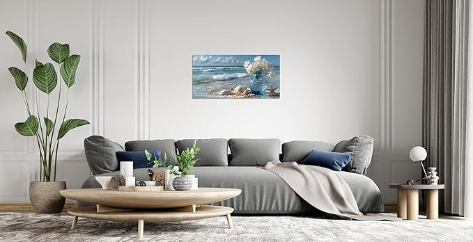 TutuBeer Beach Bathroom Canvas Wall Art Starfish with White Flower Coastal Pictures Wall Art Canvas Seascape Poster Seaside Seashell Painting Print Artwork for Living Room Bedroom 16"x32"x1 Panel