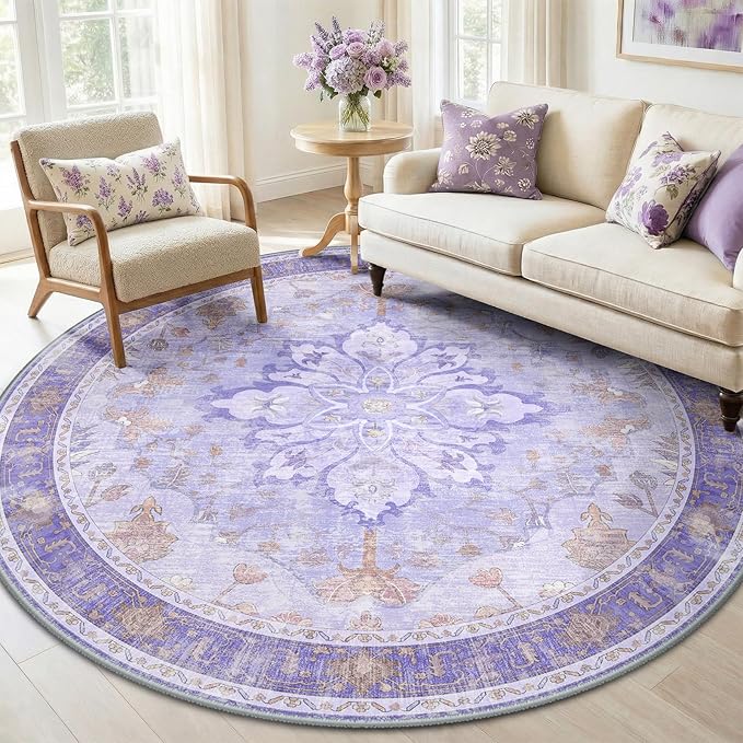RELEANY Area Rugs Round 6ft Washable Non-Slip, Floral Vintage Distress Print Pattern Medallion Carpet for Living Room Bedroom Dining Room, Light Purple Brown