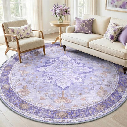 RELEANY Area Rugs Round 6ft Washable Non-Slip, Floral Vintage Distress Print Pattern Medallion Carpet for Living Room Bedroom Dining Room, Light Purple Brown