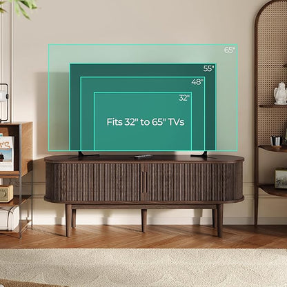 LINSY Home TV Stand for 65" TV, Mid-Century Modern 58" Entertainment Center with Sliding Tambour Door and Storage Cabinet, Cruved TV Media Console Table for Living Room, Bedroom, Walnut