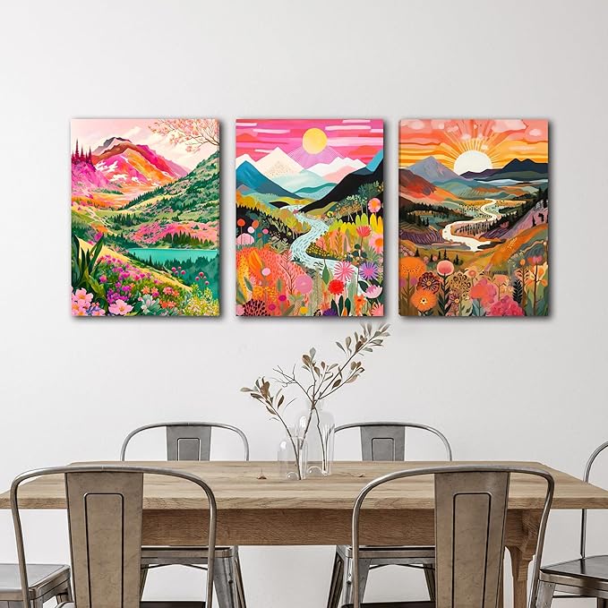 DUWQU 3 Piece Colorful Watercolor Mountain Canvas Wall Art Boho Floral Painting Picture Wall Decor Abstract Nature Landscape Poster Print Artwork for Living Room Bedroom Bathroom Office 16x24 Inches