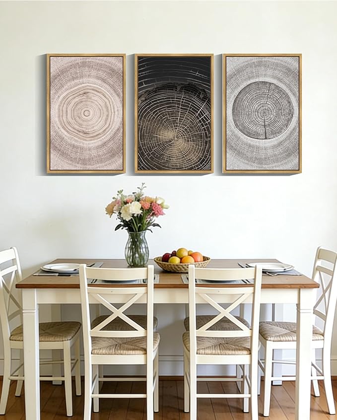 PHOPAGO Vintage Wood Tree Rings Wall Art 16x24in Farmhouse Rustic Framed Canvas Paintings Living Room Bedroom Decor Nature Artwork Natural Framed