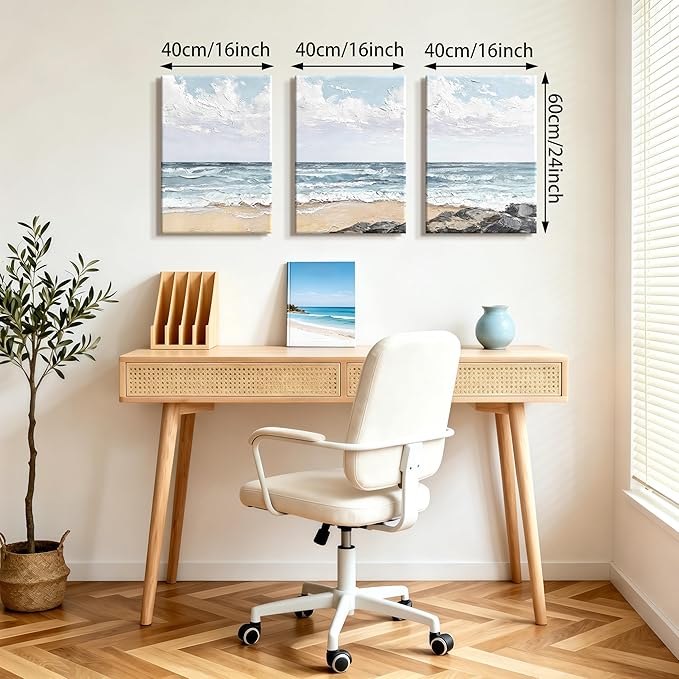 WENGTIAO Beach Canvas Wall Art Prints Set of 3 Coastal Seaside Wall Paintings Abstract Seascape Photos Pictures Blue Ocean Artwork for Home Decor Living Room Bedroom Office 16”x24”x3