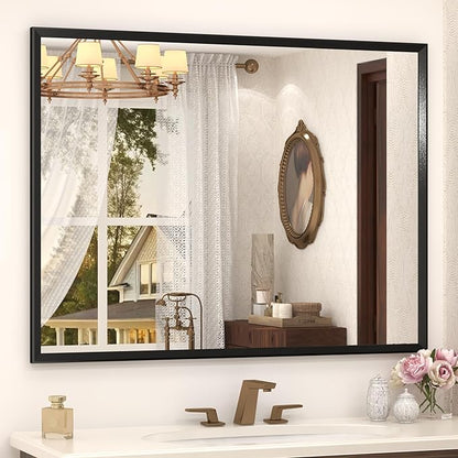 44" x 36" Matte Black Bathroom Mirror for Wall, Rectangular Beveled Vanity Mirror with Aluminum Alloy Frame, Right Angle Corner, HD Reflection, Horizontal or Vertical Mount
