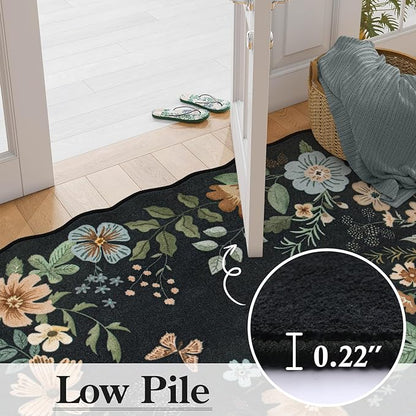 Lahome Floral Washable Rugs for Bedroom, 4X6 Living Room Rug Ultra-Thin, Non-Slip Soft Stain Resistant Boho Throw Carpet for ‎Office Entryway Dining Room Flore (4x6ft,Black/Grey)