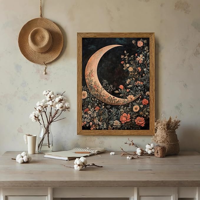 JLTULT Framed Vintage Floral and Moon Canvas Wall Art, Dark Mystical Celestial Floral Wall Decor, William Morris Gothic Prints Artwork for Bedroom Living Room Office Decoration 12x16 in Easy to Hang