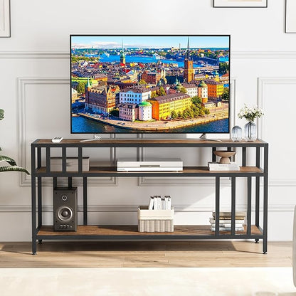 58'' TV Stand for Television up to 65 Inches, Entertainment Center with 3-Tier Open Storage Shelves, TV Media Console Table with Quadruple-Tube Support for Living Room, Rustic Brown