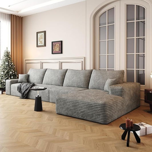 136" Sectional Couches for Living Room Cloud Couch Sofa with L-Shape Upholstered Boneless Couchs Modern Modular Sectional Couch with Chaise (Grey, 136" Right Facing Chaise+3Seaters)