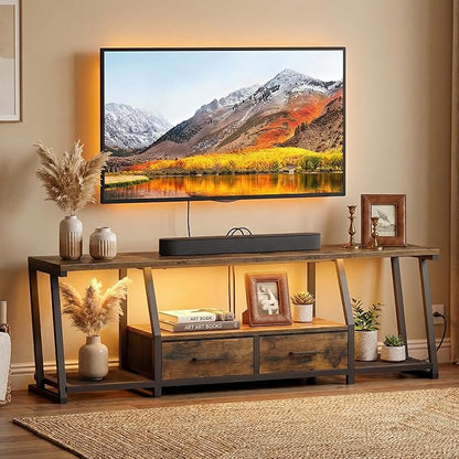 RALGEND LED TV Stand for 75 Inch TV, Entertainment Center with Open Shelves and Power Outlets, TV Console Table with Fabric Drawers, Media Console for Living Room, Bedroom, Rustic Brown and Black