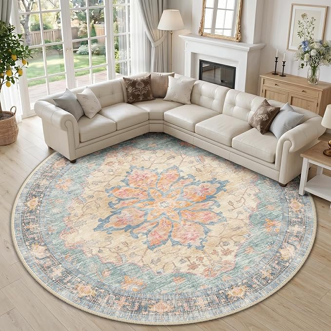 RELEANY Area Rugs Round 10ft Washable Non-Slip, Floral Vintage Distress Print Pattern Medallion Carpet for Living Room Bedroom Dining Room, Blue Orange Red