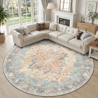 RELEANY Area Rugs Round 10ft Washable Non-Slip, Floral Vintage Distress Print Pattern Medallion Carpet for Living Room Bedroom Dining Room, Blue Orange Red