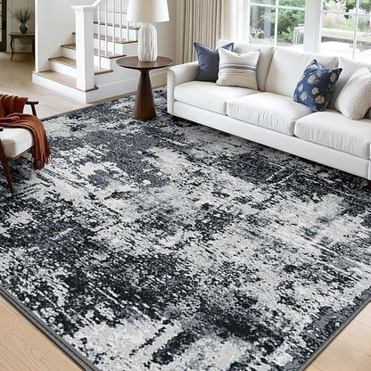RELEANY Washable Area Rugs Square 10ft Non-Slip Modern Abstract Soft for Living Room Entryway Bedroom Nursery, Print Pattern, Black Navy Blue Gray