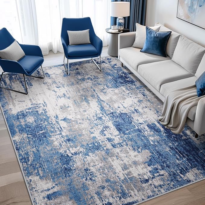 RELEANY Washable Area Rugs 4'x5' Non-Slip Modern Abstract Soft for Living Room Entryway Bedroom Nursery, Print Pattern, Blue Grey Navy Gray