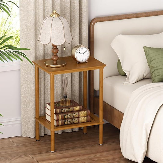 2-Tier Small Side Table, Narrow Entryway Table, Bedside End Table, Bamboo Night Stand with Storage Shelf, Sofa Side Table, Boho Accent Table for Small Space, Living Room, Bedroom, Walnut