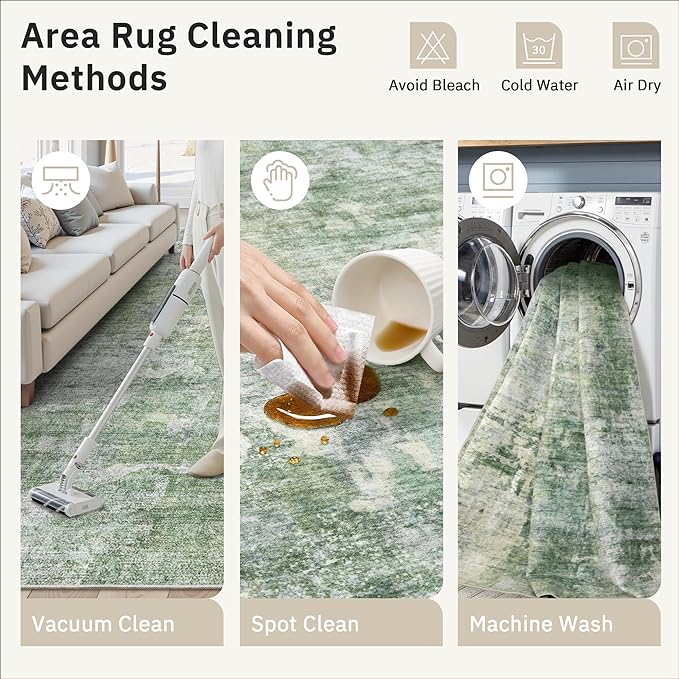 Soalmost 5x8 Area Rugs Green/Ivory Low Pile Indoor Washable Trendy Faded Style Rugs for Bedroom Living Room Dining Room Foldable Non-Slip Thin Print Home Office Mat
