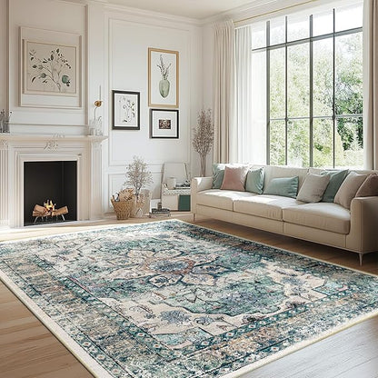 BESTSWEETIE 9x12 Area Rug Washable Rugs for Living Room, No Pile Boho Carpet for Entryway Bedroom Dinning Room, Vintage Carpet Print Distressed Non-Slip, 9 x 12 ft, Green