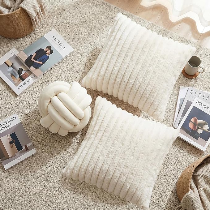 Tegeme Set of 3 Knot Pillow Ball and 18" Throw Pillowcases Fuzzy Striped, Soft Knotted Home Decor Pillow, 2 Faux Fur Cushion Covers Aesthetic Cushion and Cases for Sofa Bed Bedroom Living Room(Cream)