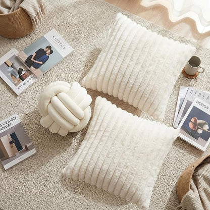 Tegeme Set of 3 Knot Pillow Ball and 18" Throw Pillowcases Fuzzy Striped, Soft Knotted Home Decor Pillow, 2 Faux Fur Cushion Covers Aesthetic Cushion and Cases for Sofa Bed Bedroom Living Room(Cream)