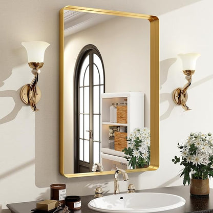 Easly 30 x 22 Inch Gold Bathroom Mirror for Wall,Aluminum Alloy Frame Rectangular Wall Mounted Mirror for Farmhouse Decor Horizontal or Vertical Ideal for Bedroom, Living Room