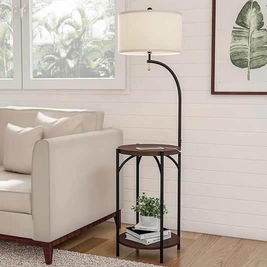 Floor Lamp with End Table - Modern Rustic Side Shelves with USB Charging Port, LED Light Bulb, and Drum-Shaped Shade - Standing Lights by Lavish Home