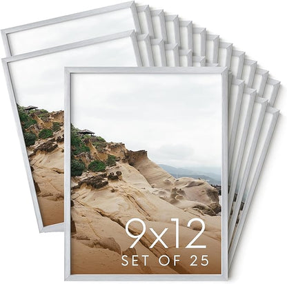 HAUS AND HUES 9x12 Silver Metal Picture Frames - Features Premium Aluminum, Vertical & Horizontal Hang, Shatterproof Plexiglass - Perfect for Home, Room, Office (9x12 in, Silver, Set of 25)