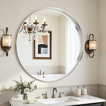 Round Bathroom Mirror, 30 Inch Silver Circle Mirror with Metal Deep Frame, Round Mirrors for Wall Decor, Vanity, Entryway, Living Room
